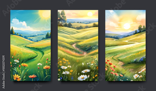 Set of cards with illustration of autumn and spring landscape with a wish of a good day, water color painting style, banner and template design.