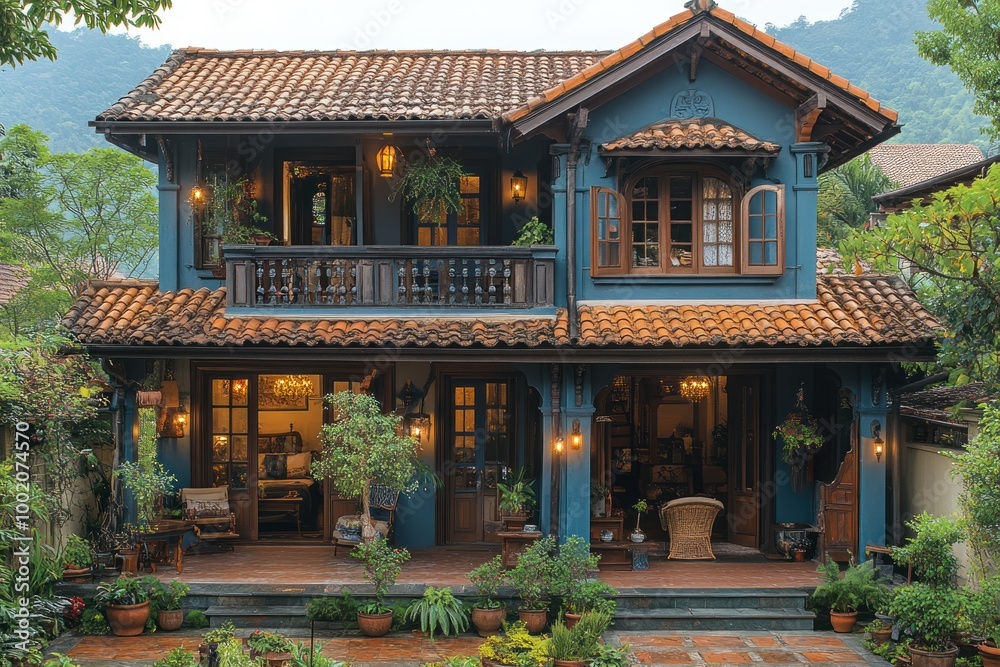 A two-story house with a blue exterior, a terracotta roof, and a balcony overlooking a garden. A two-story house with a blue exterior, a terracotta roof, and a balcony overlooking a garden.