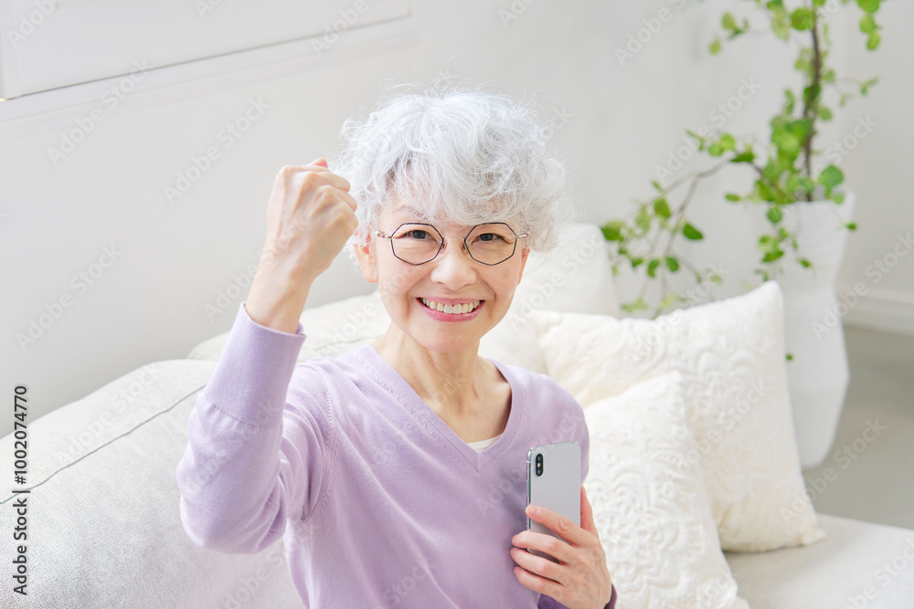 スマートフォンを持ってガッツポーズするシニア女性 リビングルーム スマートフォンを持ってガッツポーズするシニア女性 リビングルーム