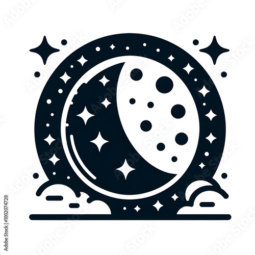 Moon with Star and Clouds Round Icon Isolated in White Background. Moon Logo Symbol Vector Design for Graphic Resources