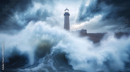 A dramatic lighthouse stands amidst tumultuous waves and stormy skies, evoking a sense of nature's raw power and tranquility.