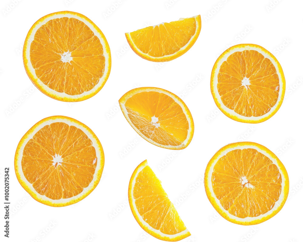 Fototapeta premium A collection of orange slices arranged artistically on a white background.