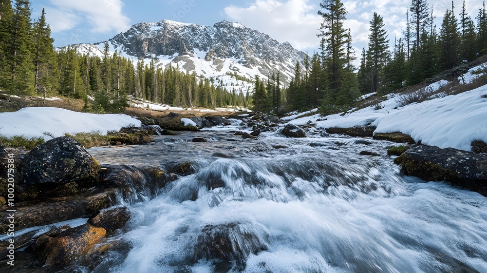 A serene mountain landscape featuring a flowing river, surrounded by snow and dense evergreen forests under a clear blue sky.