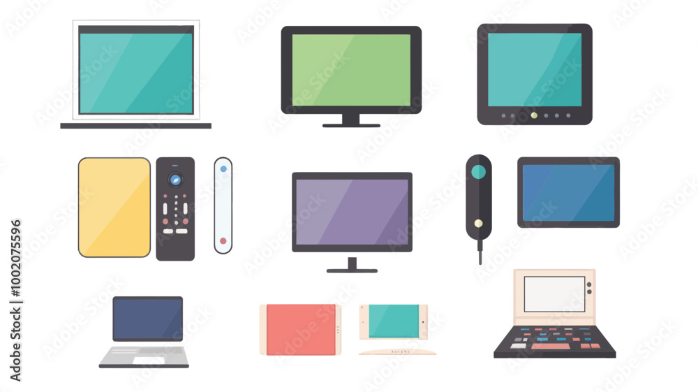 Flat Design Vector Set of Modern Digital Devices Including Laptops, Tablets, Smartphones, Monitors, and Remote Controls for Technology and Electronics Concepts Flat Design Vector Set of Modern Digital Devices Including Laptops, Tablets, Smartphones, Monitors, and Remote Controls for Technology and Electronics Concepts