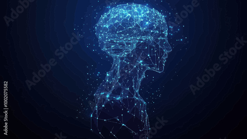 Abstract Low Poly Wireframe Human Brain Illustration with Dots and Lines on Dark Background - Vector Polygonal Art Representing Cognitive and Artificial Intelligence Concepts