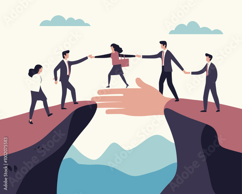 Business Mentorship and Team Leadership Concept: Giant Hand Helping Business People Bridge the Gap for Team Success in Flat Minimalist SVG Vector Style