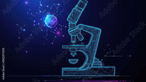Abstract Wireframe Microscopic Universe in Starry Sky with Planets and Space Elements | Science Education Concept Vector