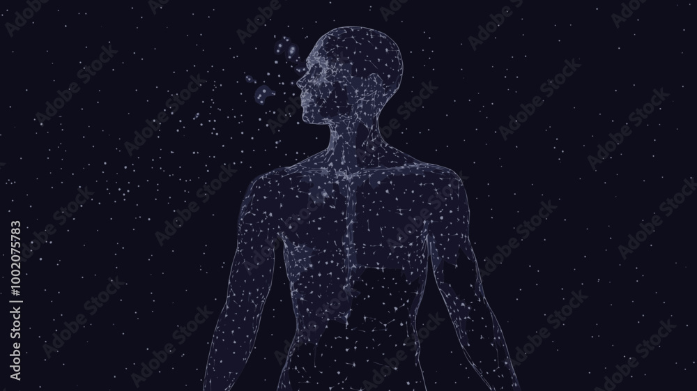Human Body Low Poly Wireframe in Starry Sky, Polygonal Vector with Points and Lines, Minimalist SVG of Human Figure in Cosmic Space, Futuristic Tech Anatomy, Destruct Shape Concept Human Body Low Poly Wireframe in Starry Sky, Polygonal Vector with Points and Lines, Minimalist SVG of Human Figure in Cosmic Space, Futuristic Tech Anatomy, Destruct Shape Concept