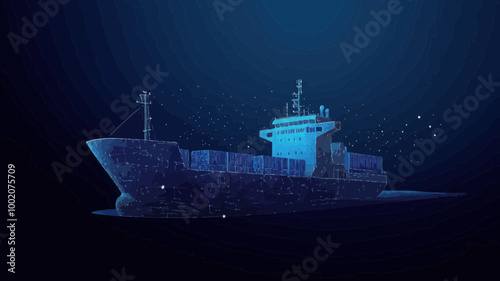 Abstract Low Poly Cargo Ship Vector - 3D Digital Mesh Illustration on Dark Blue Background - International Shipping Concept for Logistics, Transportation and Global Trade Visualization