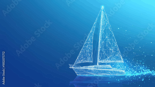 Polygonal Mesh Sailing Yacht Vector Illustration for Sea Business Concept and Navigation Technology in Minimalist Blue Style