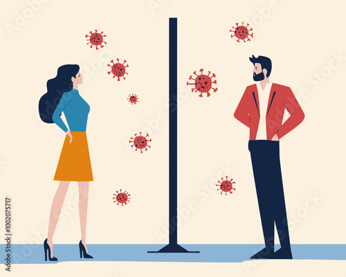 Social Distancing in Business Meeting to Prevent COVID-19 Spread, Flat Minimalist SVG Vector with Virus Pathogens