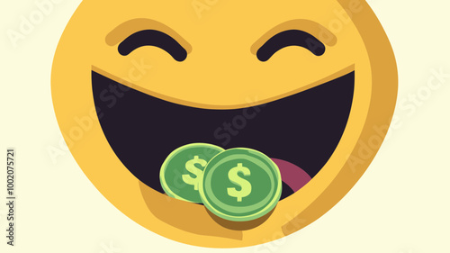 Money-Mouth Emoji with Dollar Signs in Mouth | Vector Emoticon Design for Financial Success and Wealth Concepts