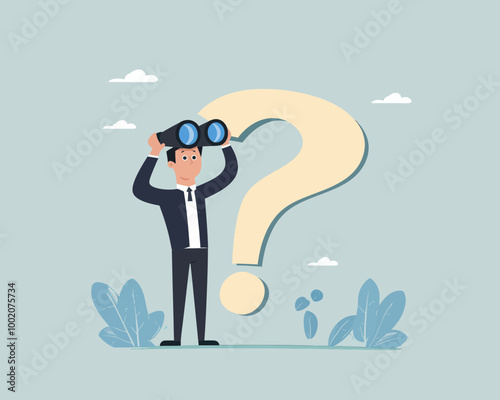 Curious Businessman Searching for New Opportunities with Binoculars and Question Mark, Minimalist Flat Vector Concept for Innovation and Success