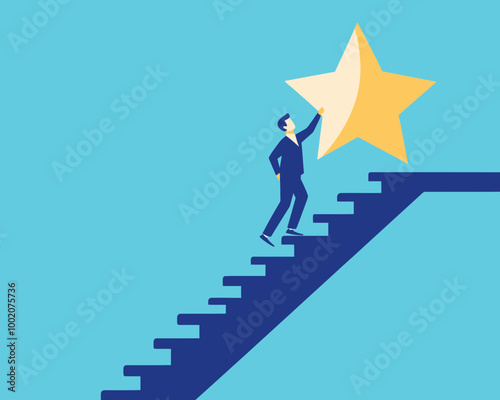 Confident Businessman Climbing Steps to Reach Star Reward: Symbolizing Business Success, Motivation, and Achievement in Minimalist Flat Vector Design