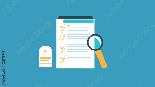 SEO Checklist Vector Illustration with Magnifying Glass and Notepad - Digital Marketing Optimization Guide Visual Aid