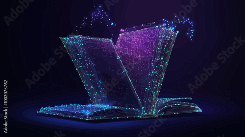 Low Poly Vector Illustration of Open Laptop and 3D Textbook Mesh Art with Connected Dots, Depicting Modern Information Source and Online Library, Ideal for Learning and Self-Education Concepts