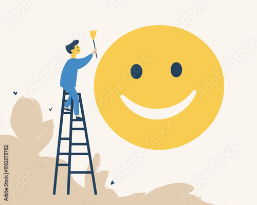 Boy Climbing Ladder to Paint Smiling Face on Wall - Concept of Happiness, Positive Thinking, Optimism and Motivation in Flat Minimalist Style SVG Vector