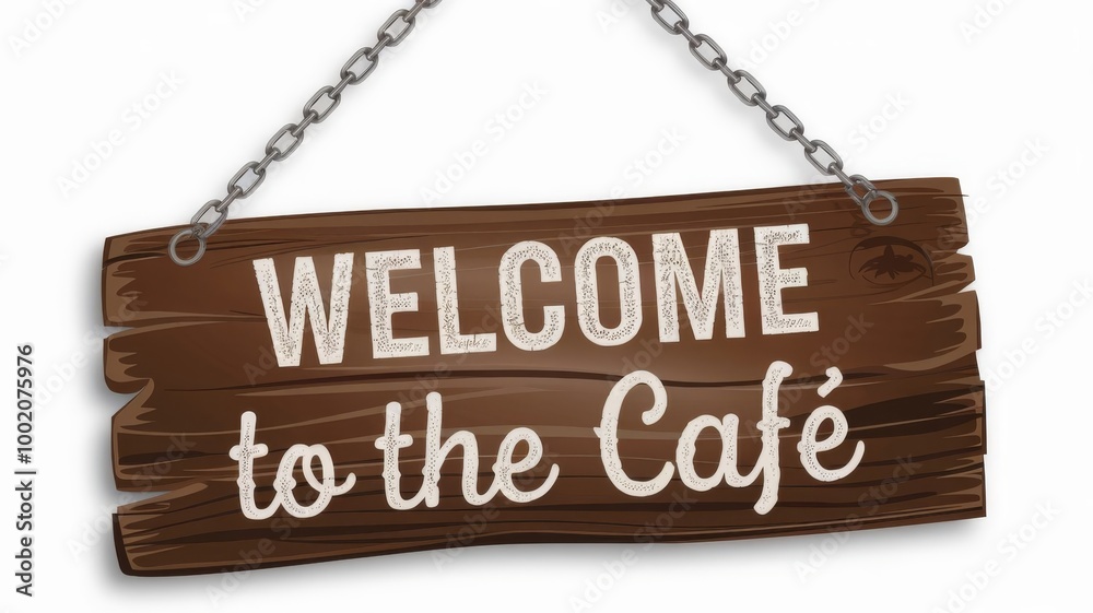 Wooden signboard hanging from metal chains, isolated on a white background, perfect for announcement Wooden signboard hanging from metal chains, isolated on a white background, perfect for announcement