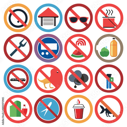 A set of red no smoking icons: a forbidden warning symbol for cigarette prohibition