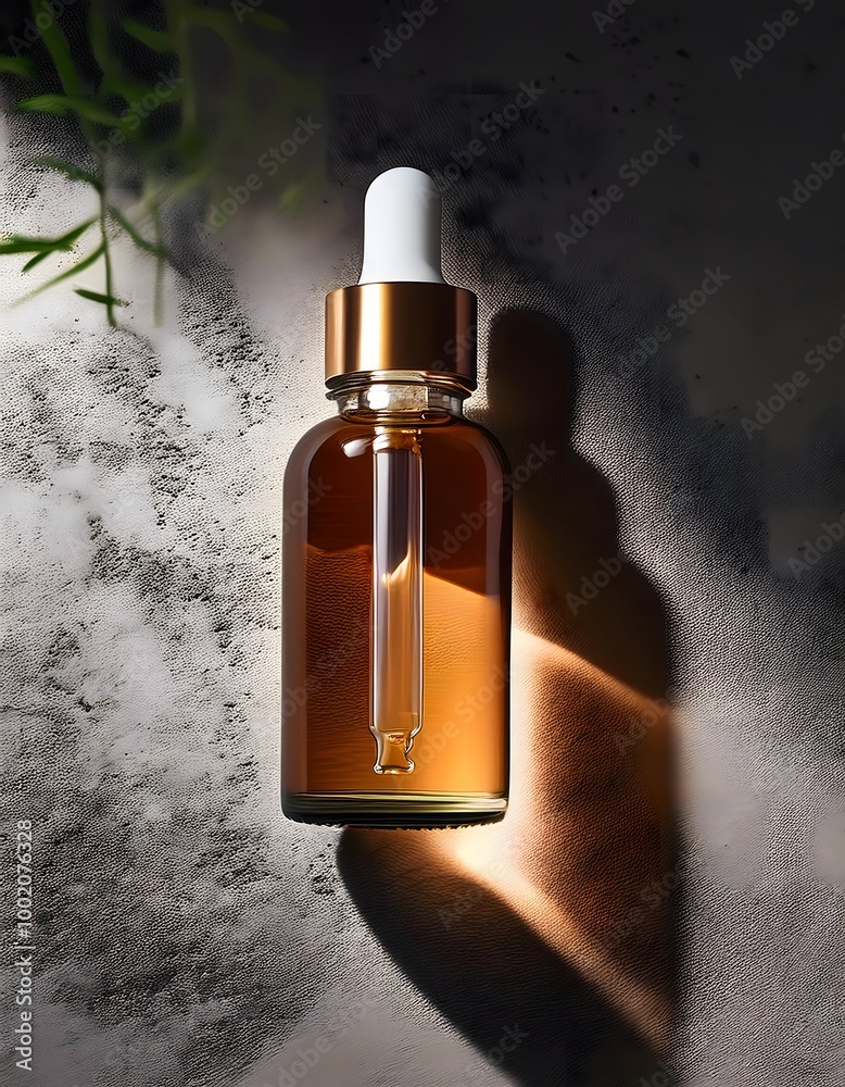 Fototapeta premium A glass dropper bottle of serum placed on a textured concrete background with minimal shadow play