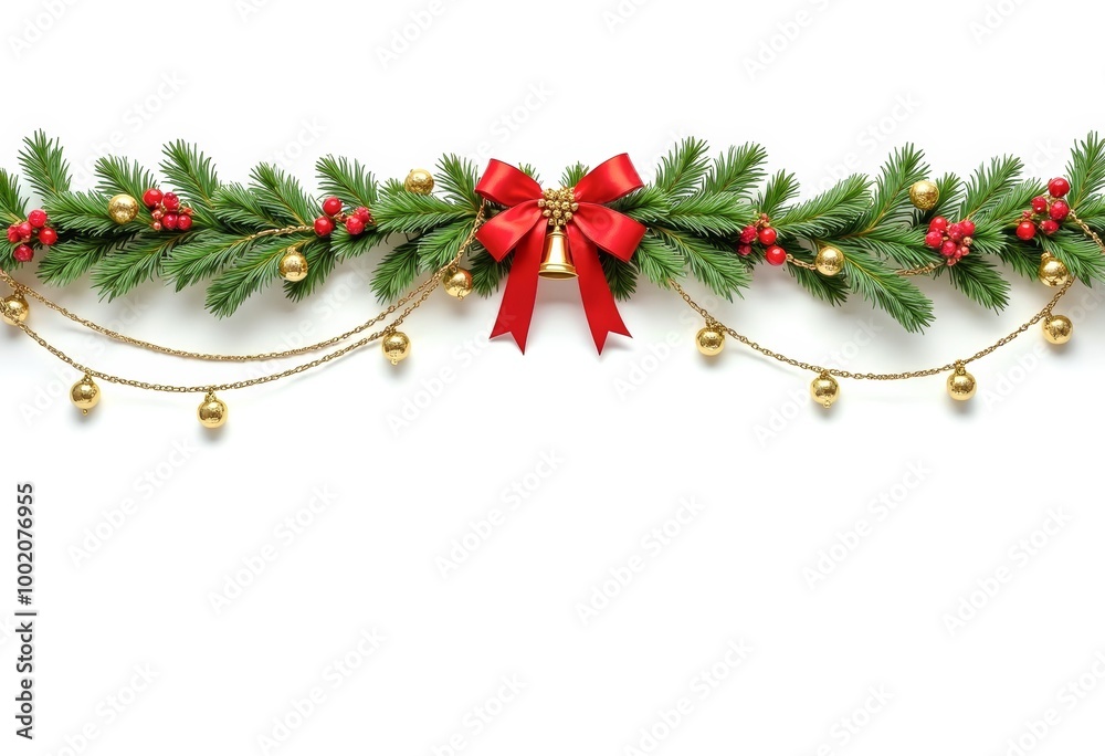 A christmas garland with a red bow and bells. A christmas garland with a red bow and bells.