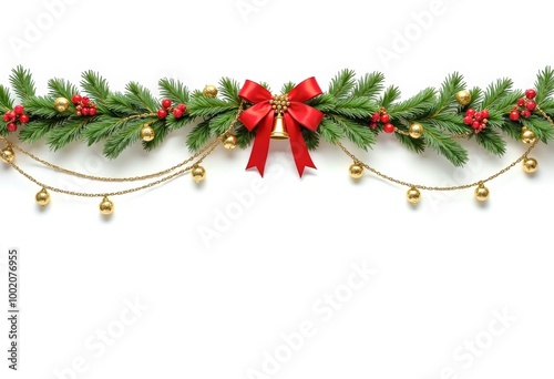 A christmas garland with a red bow and bells.