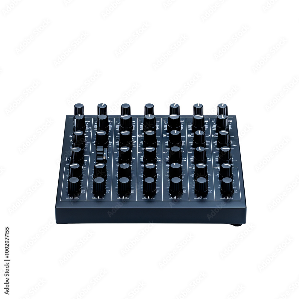 Audio mixer with multiple knobs, black isolate background. Audio mixer with multiple knobs, black isolate background.