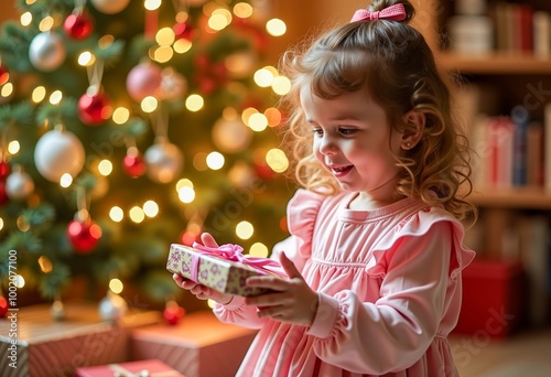 A little girl holding a present in front of a Christmas tree.