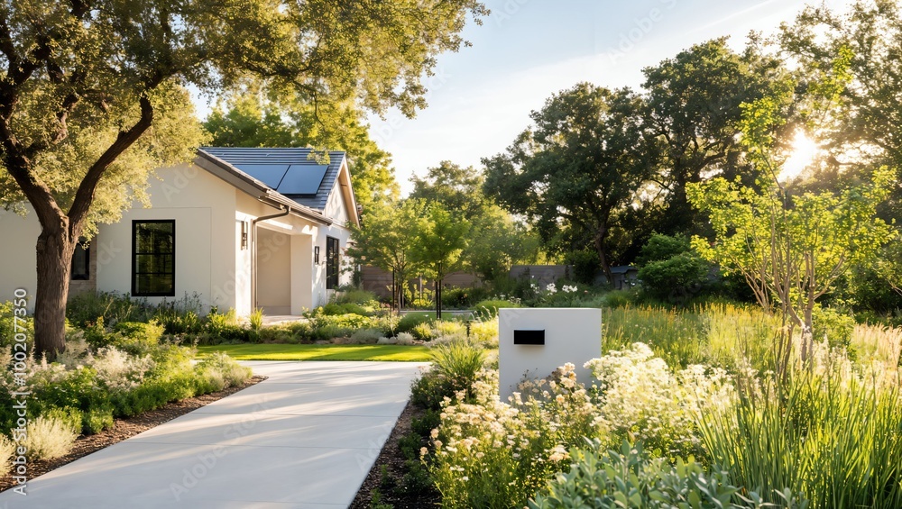 An Enchanting View of a Modern Home Embraced by Nature, Featuring Lush Greenery, Flowering Plants, and a Radiant Sunlight, Creating a Serene and Inviting Atmosphere in a Cozy Neighborhood. An Enchanting View of a Modern Home Embraced by Nature, Featuring Lush Greenery, Flowering Plants, and a Radiant Sunlight, Creating a Serene and Inviting Atmosphere in a Cozy Neighborhood.
