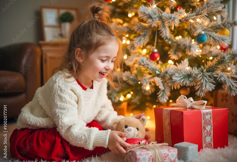 A little girl sitting on the floor in front of a Christmas tree. A little girl sitting on the floor in front of a Christmas tree.