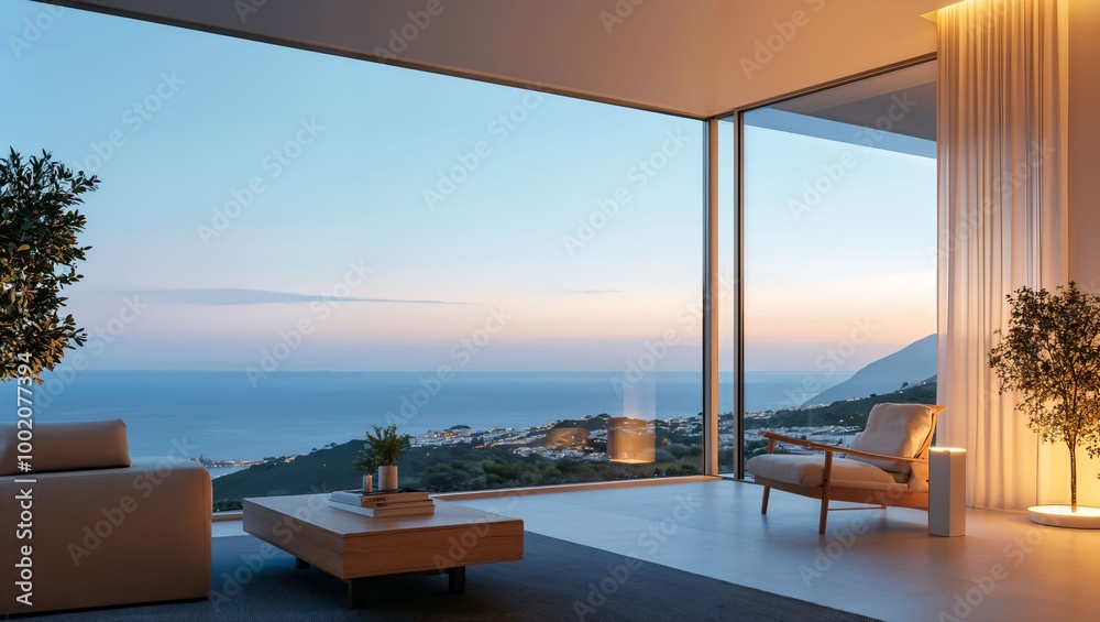 Fototapeta premium A breathtaking view from a modern living room, showcasing vibrant coastal scenery, soft hues of sunset painting the sky, inviting tranquility and peaceful contemplation.
