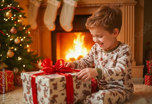 A young boy opening a present in front of a fireplace.