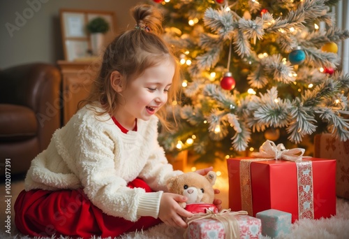 A little girl sitting on the floor in front of a Christmas tree.