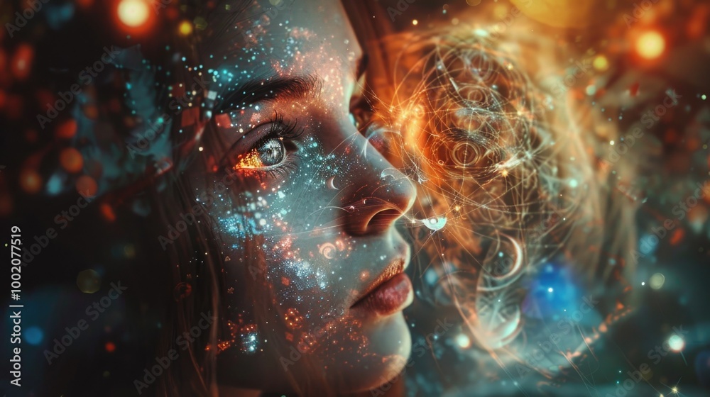 Surreal close-up of a woman’s face intertwined with cosmic stars, glowing orbs, and ethereal elements, creating a futuristic and dreamlike atmosphere with a blend of orange and blue lights.
Surreal close-up of a woman’s face intertwined with cosmic stars, glowing orbs, and ethereal elements, creating a futuristic and dreamlike atmosphere with a blend of orange and blue lights.