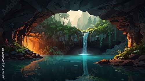 a waterfall in a cave with a waterfall in the background.