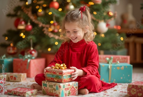 A little girl sitting on the floor with presents in front of a Christmas tree.