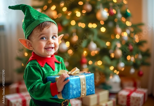 A little boy dressed as an elf holding a present.