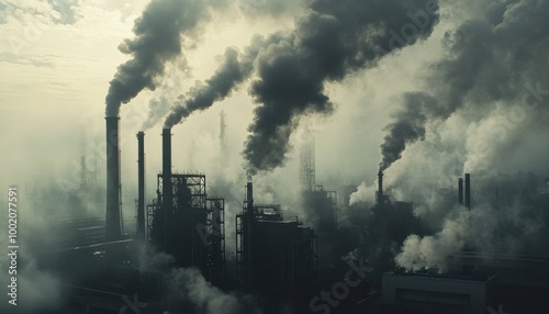 Industrial pollution. Factory chimneys. Environmental damage. Industrial landscape with heavy air pollution.