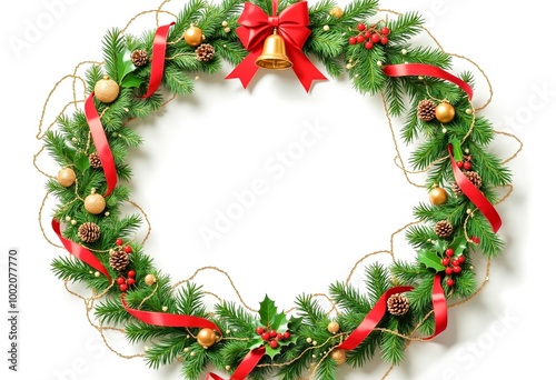 A christmas wreath with a red bow and a bell.
