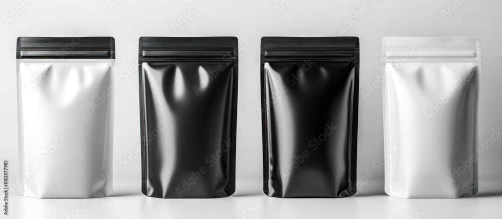 Four sealed, stand-up pouches in black and white, perfect for packaging various products. Four sealed, stand-up pouches in black and white, perfect for packaging various products.