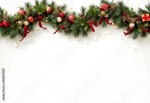 A garland of christmas decorations on a white background.