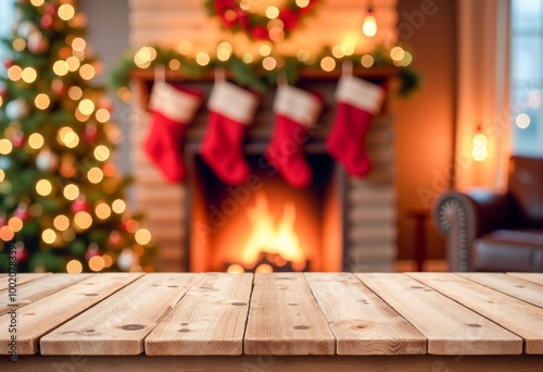 A wooden table in front of a fireplace with stockings hanging from it.