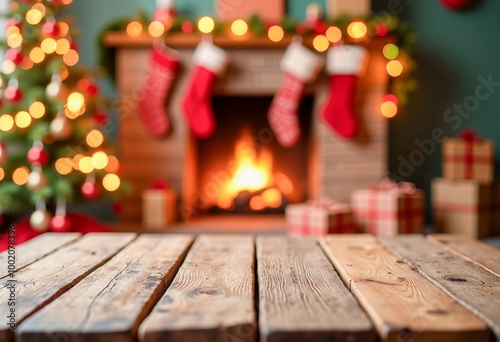 A wooden table in front of a fireplace with stockings hanging from it.