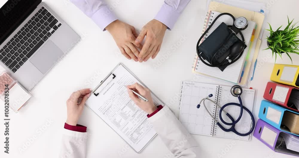 Doctor fills out medical form seeing patient in clinic, top view
