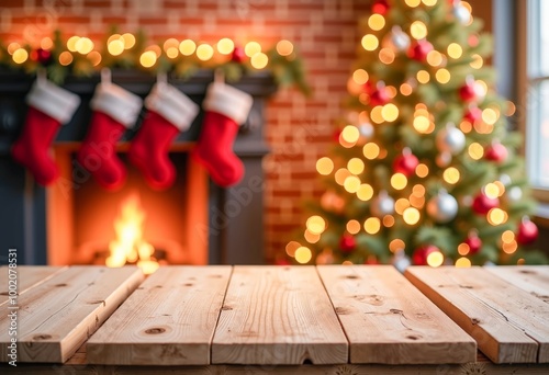 A wooden table in front of a fireplace with stockings hanging from it.