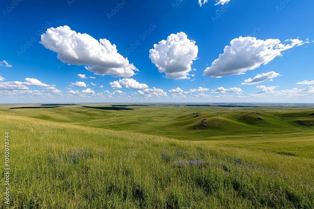 Obraz premium A biodiverse prairie, with tall grasses, wildflowers, and numerous species of insects and birds flourishing in the expansive, open landscape