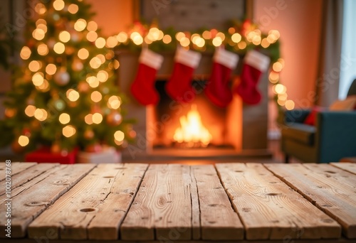 A wooden table in front of a fireplace with stockings hanging from it.