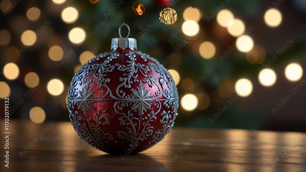 a red ornament that has a christmas tree in the background. a red ornament that has a christmas tree in the background.