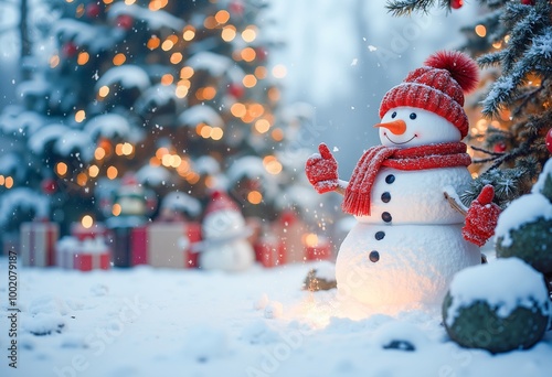 A snowman in a red hat and scarf standing in front of a Christmas tree.