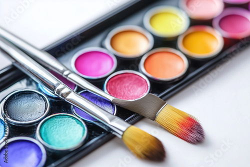 Gouache Paints and Brushes Displayed on a Palette for Vibrant Artistic Creations photo